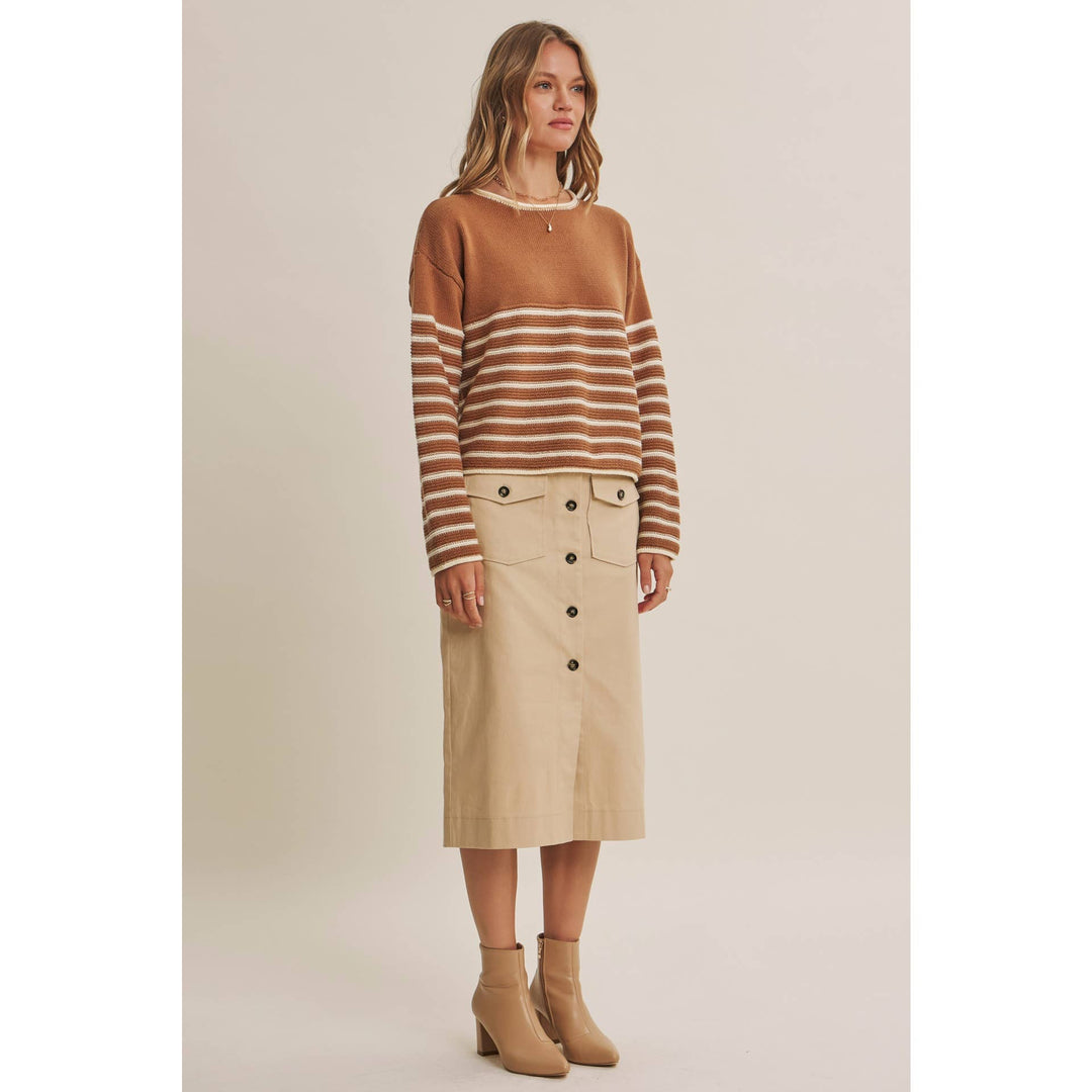 COZY CABIN CONTRAST STRIPE RELAXED SWEATER TOP