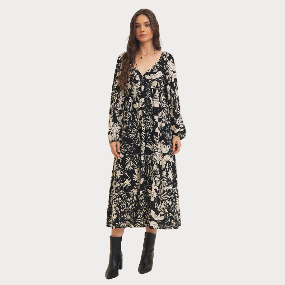 Black Floral Print Midi Dress | Long Bishop Sleeve Boho Dress