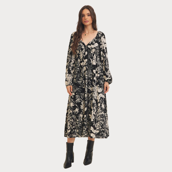 Black Floral Print Midi Dress | Long Bishop Sleeve Boho Dress