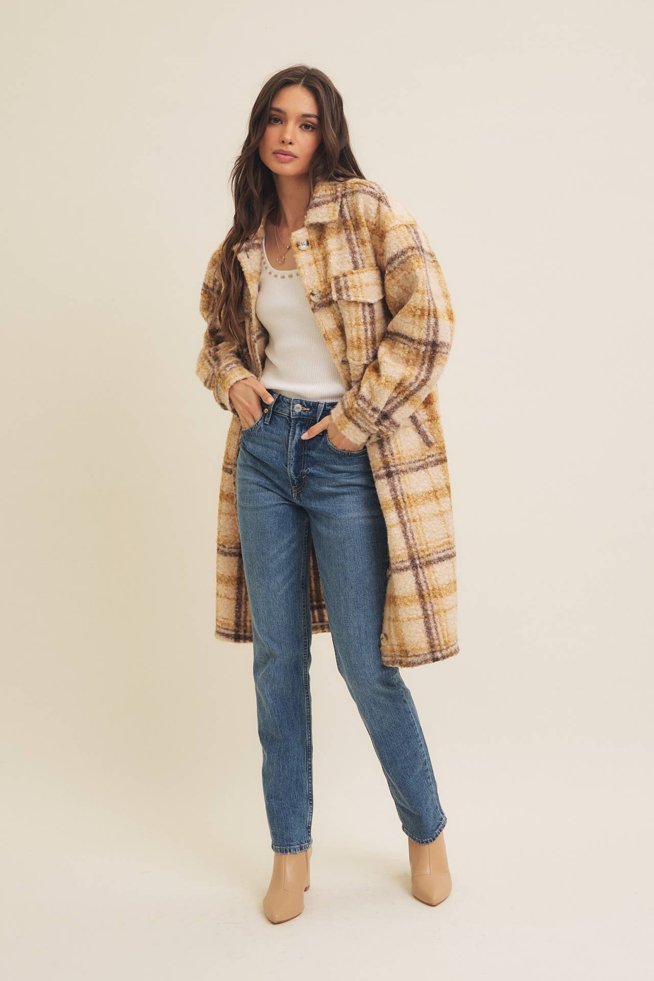 WESTERN PLAID BOUCLE OVERSIZED SHACKET WITH POCKETS