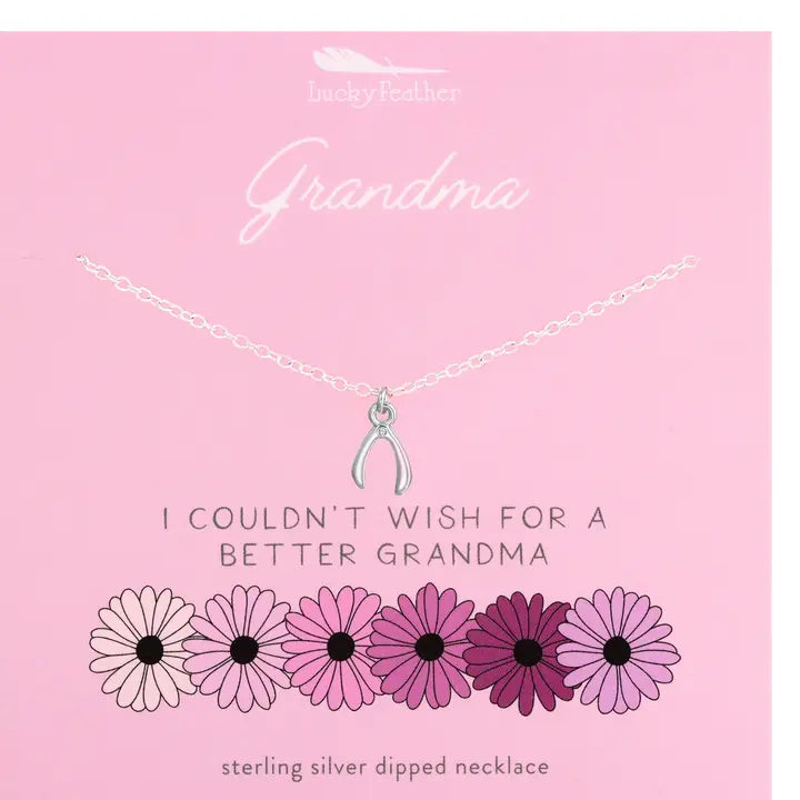Grandma necklace with wishbone charm on “I couldn’t wish for a better grandma” gift card