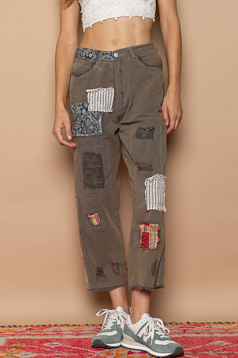 Patch work detail ankle length denim pants