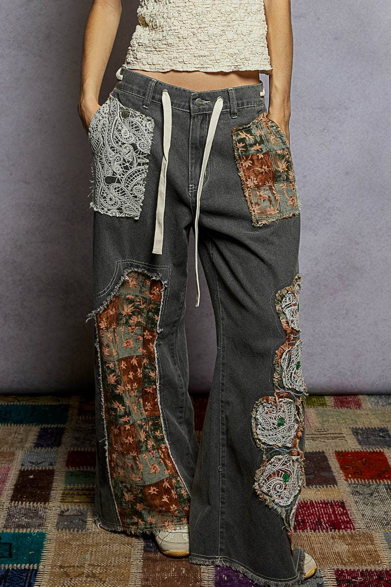 Drawstring Floral Patch Denim Pants – Effortless Boho Denim