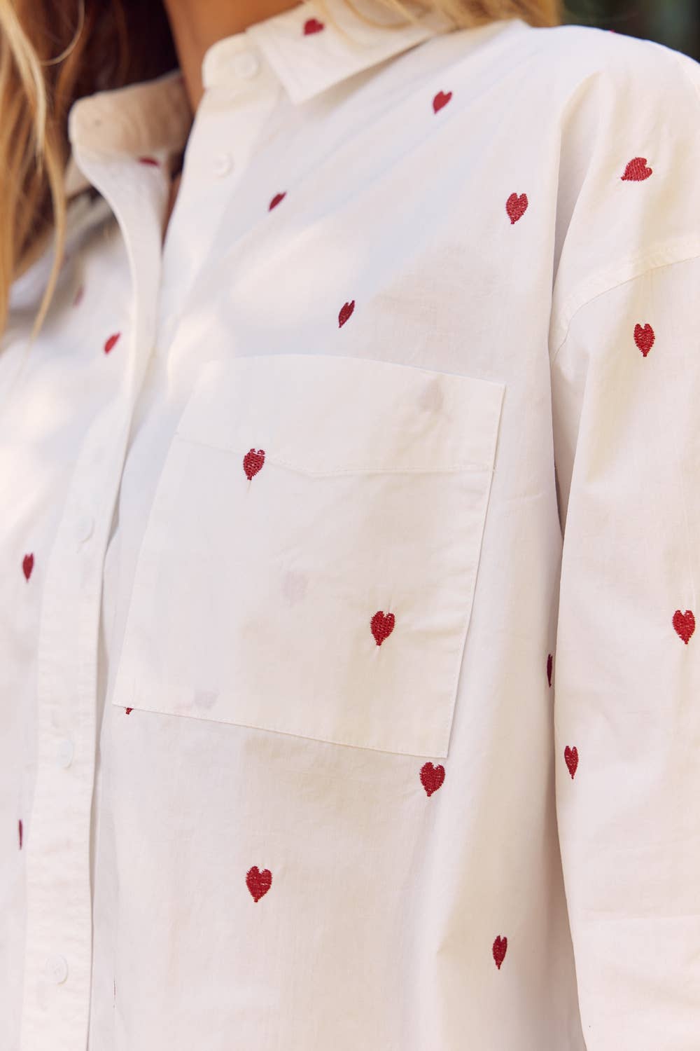 FULL OF HEARTS EMBROIDERY BUTTON DOWN LONG-SLEEVED SHIRT