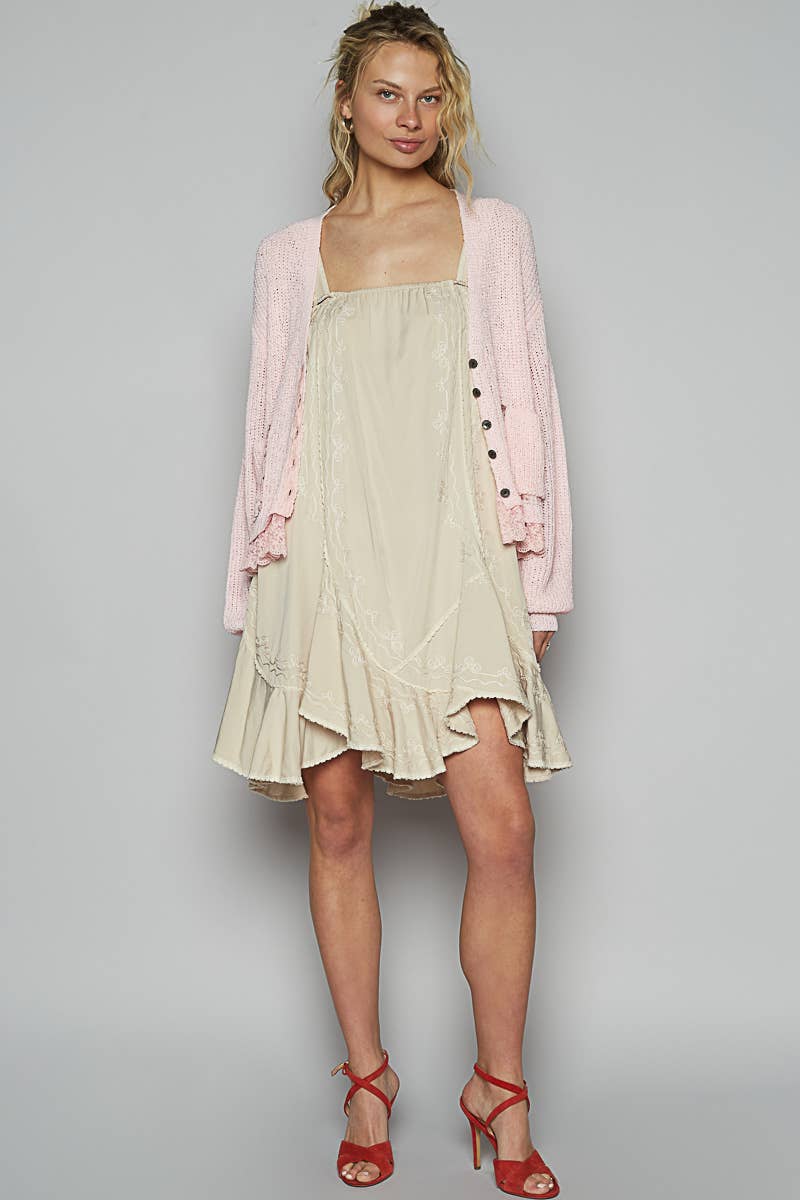 V-neck lace ruffle solid thin sweater cardigan