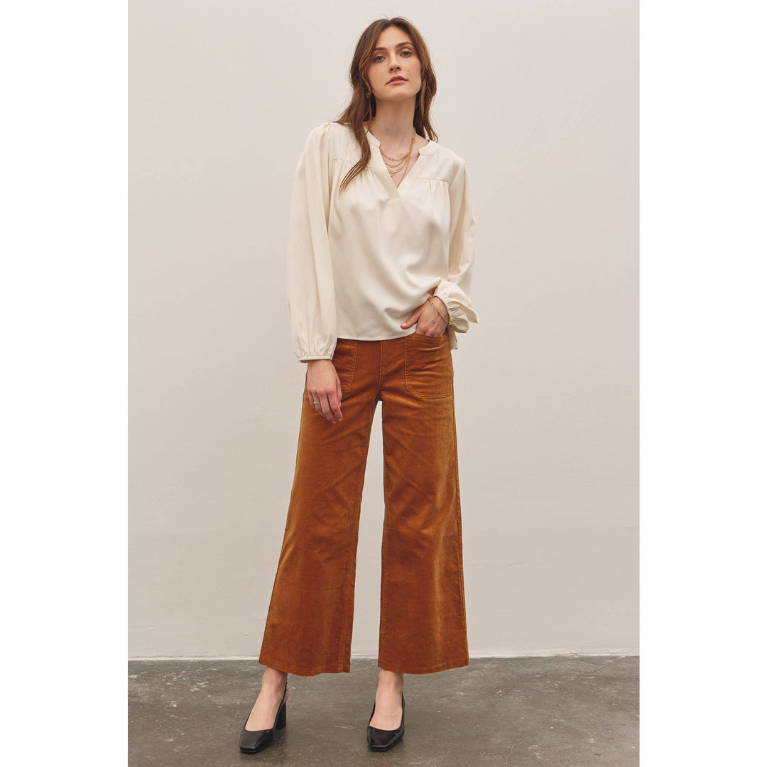 Split Neck Balloon Sleeve Blouse