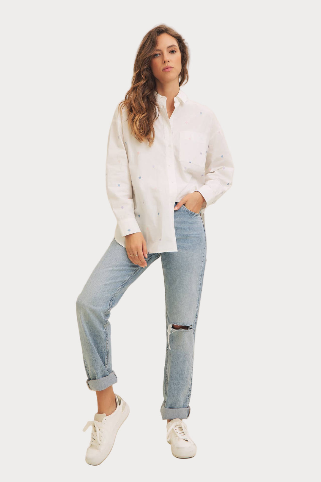 Heart Embroidered Button-Down Shirt | White with Pastel Details