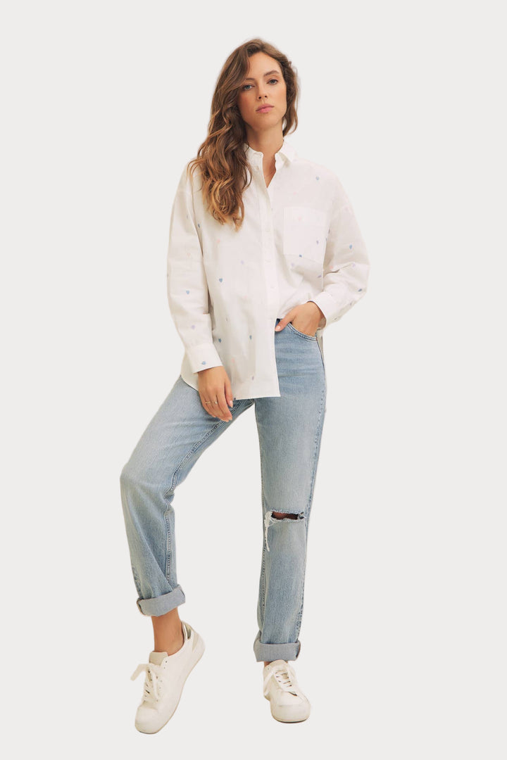 Heart Embroidered Button-Down Shirt | White with Pastel Details