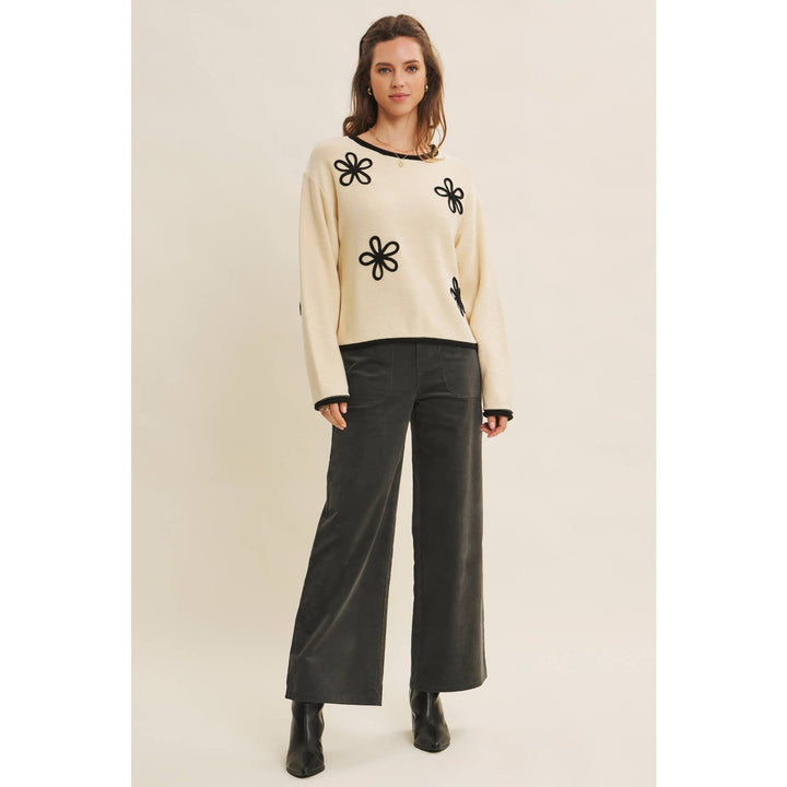 Contrast Floral Appliqué Sweater