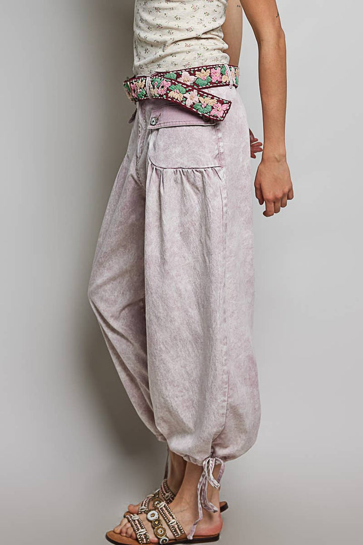 Floral Buttons Shirred Twill Wide Leg Jogger Pants