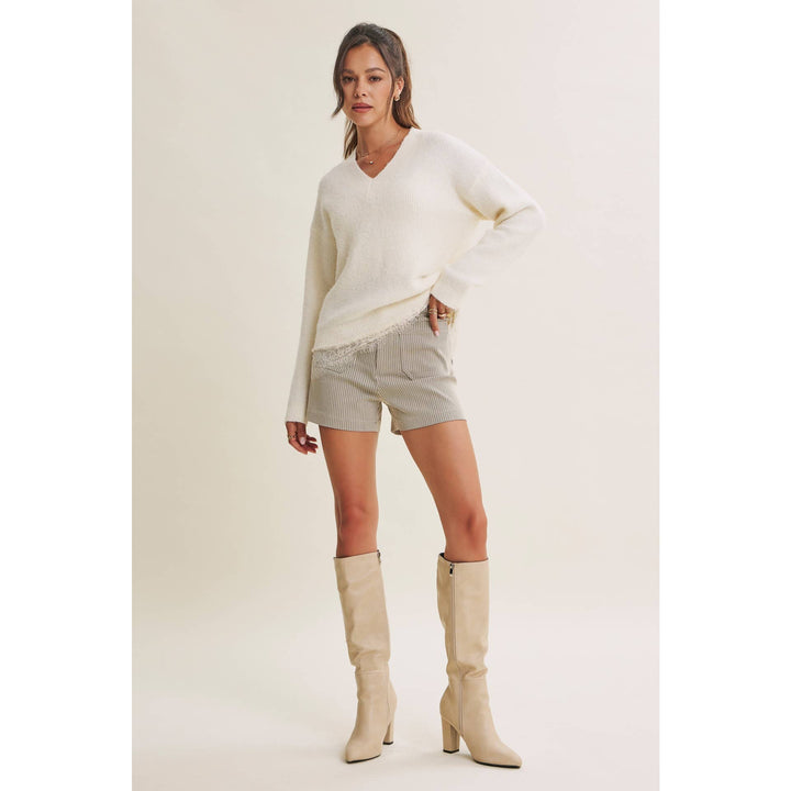 WINTER GARDEN EYELASH LACE TRIM BRUSHED SWEATER TOP
