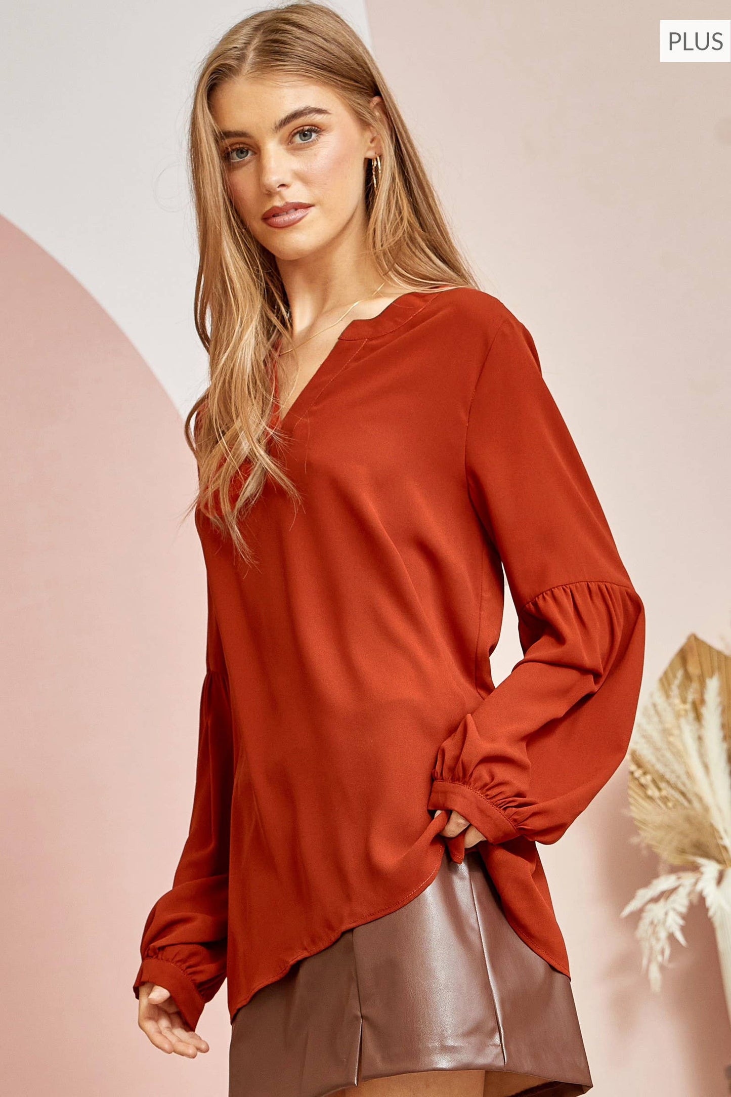 Plus Size Split Neck Long Sleeve Top