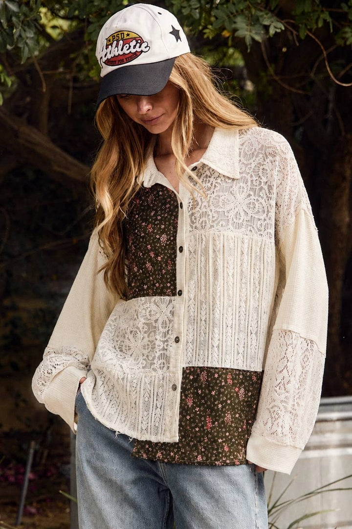 Mixed Floral And Lace Shirt Jacket