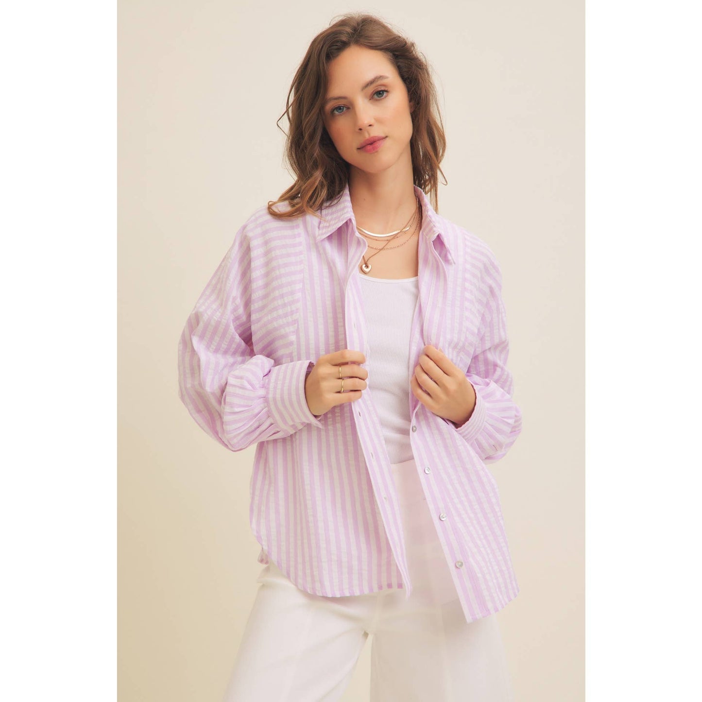 VOLUMINOUS SLEEVED BUTTON-DOWN COTTON STRIPE SHIRT