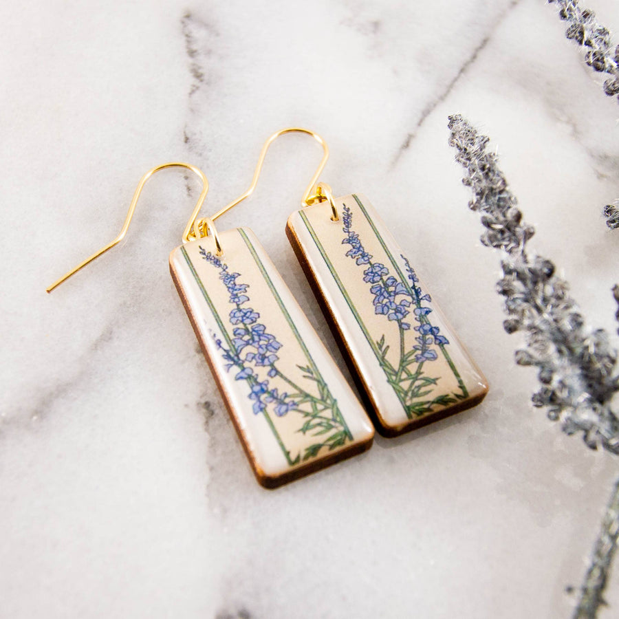 Vintage Art Deco delphinium wooden earrings with blue lavender flowers, green stems and gold-filled ear wires