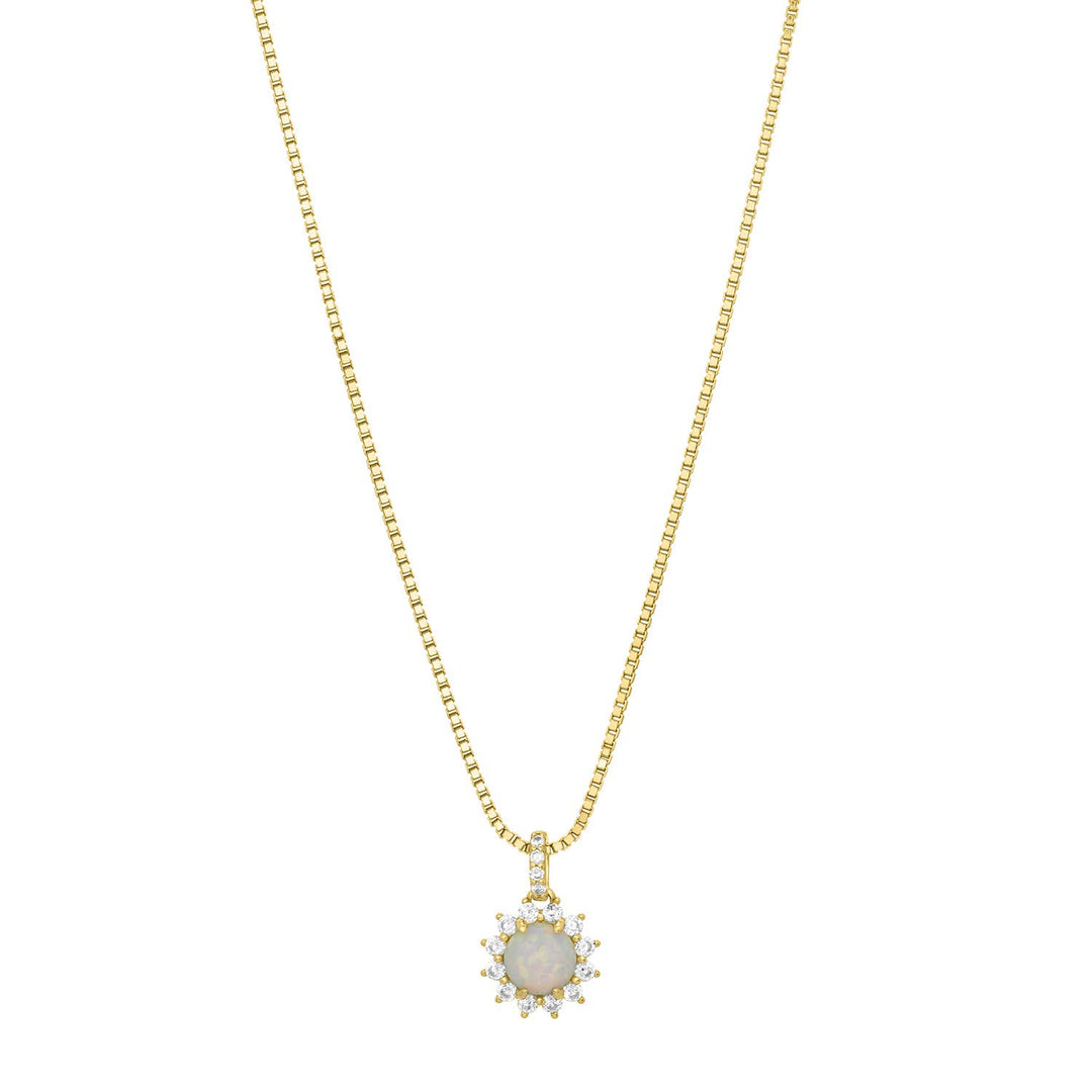 gold necklace with opal center stone and cubic zirconia halo pendant on box chain