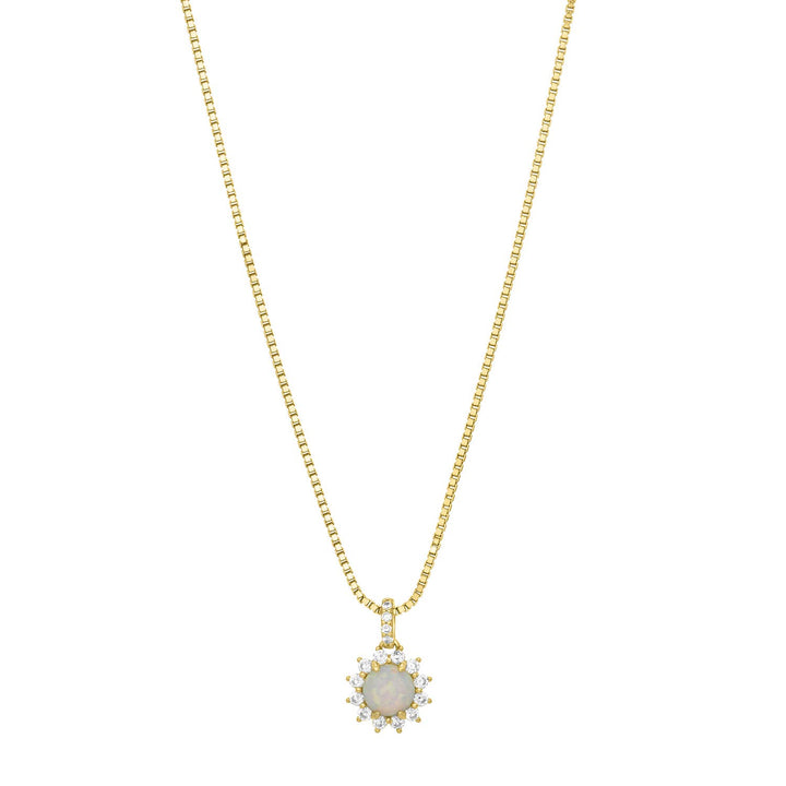gold necklace with opal center stone and cubic zirconia halo pendant on box chain