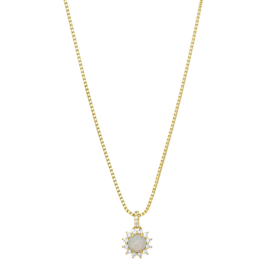 gold necklace with opal center stone and cubic zirconia halo pendant on box chain