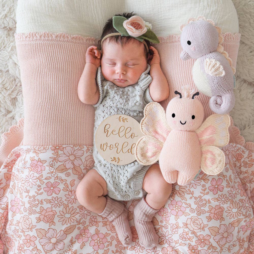 Newborn baby in a floral outfit with knit butterfly & seahorse toys and a 'hello world' sign on a floral blanket.