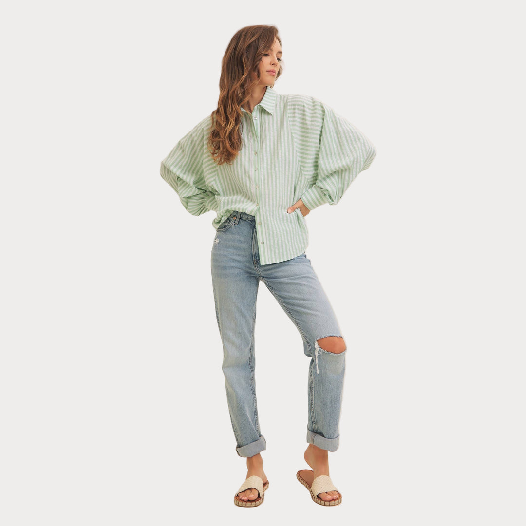 Striped Balloon Sleeve Blouse | Women's Relaxed Fit Button-Up
