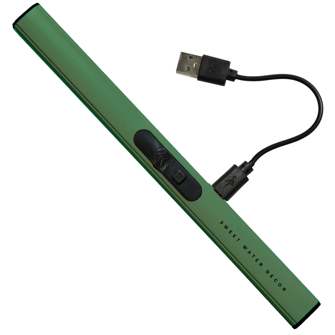 Green USB lighter with a cable on a white background