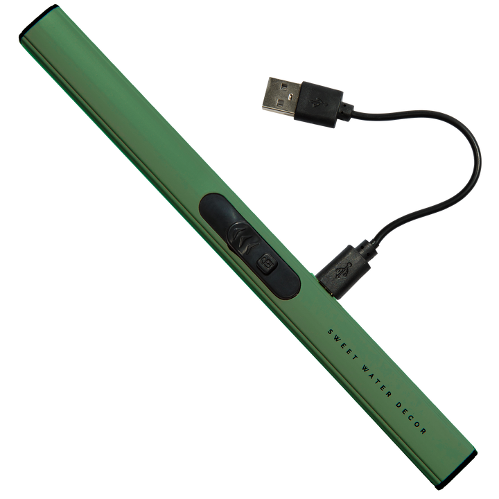 Green USB lighter with a cable on a white background