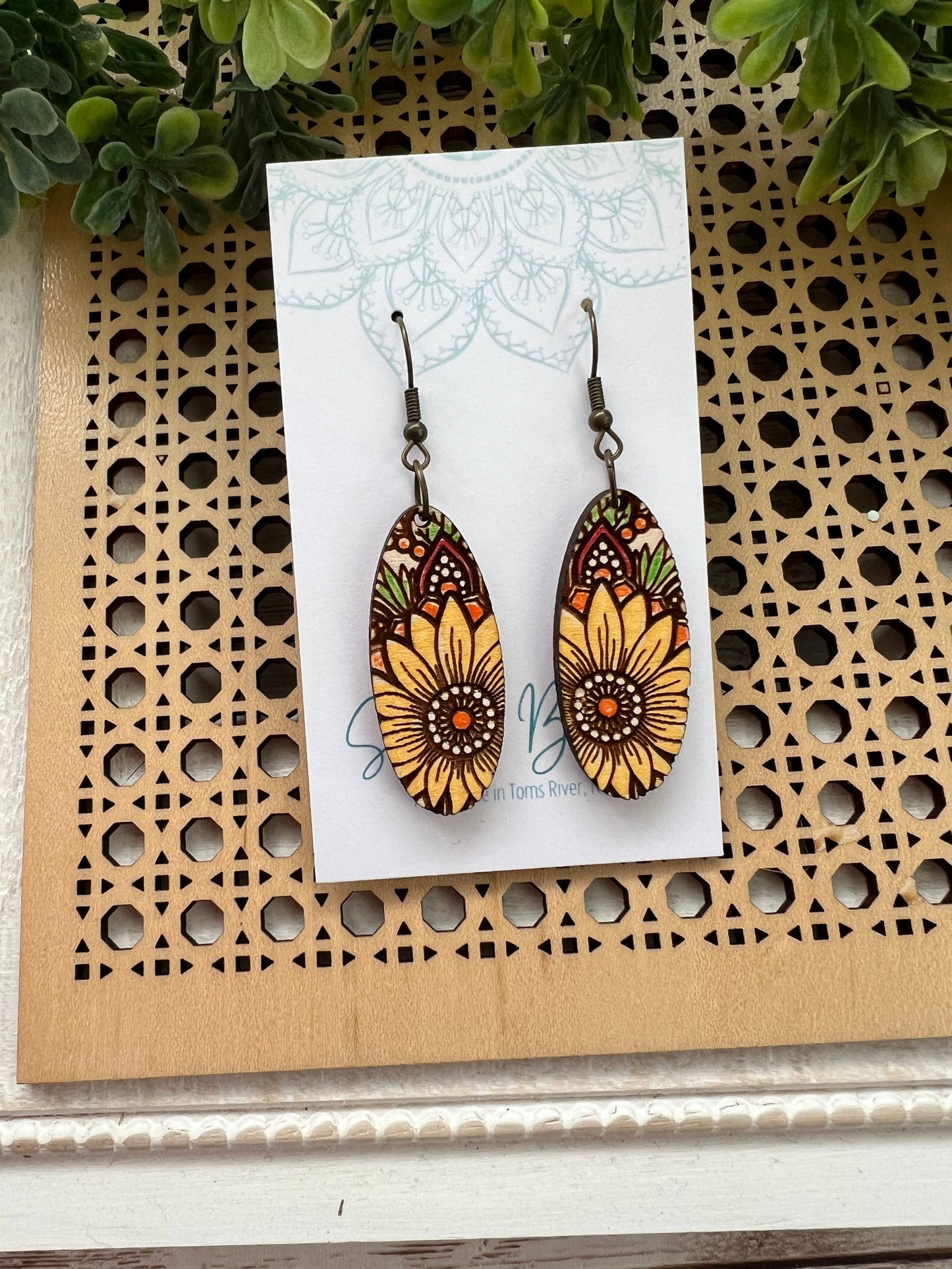 Wooden Earrings - Sunflower Mandala Oval