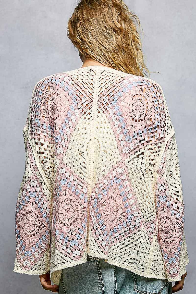 Crochet granny square cardigan with open front and relaxed fit