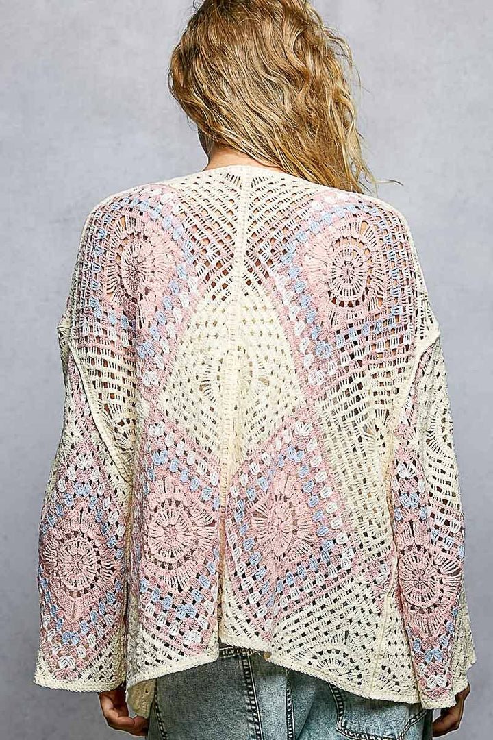 Crochet granny square cardigan with open front and relaxed fit