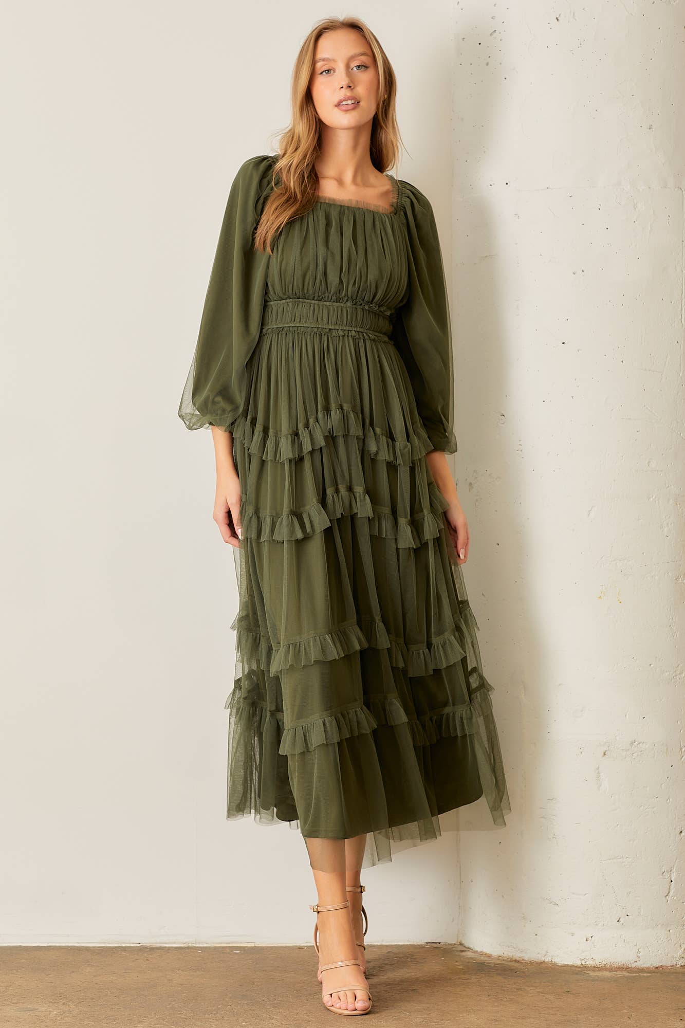 Sheer Ruffle Tiered Tulle Long Sleeve Dress