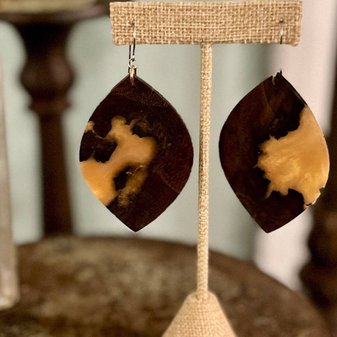 Handcrafted Ember & Walnut Earrings featuring rich walnut wood grain, warm amber resin accents, and hypoallergenic stainless-steel hooks.