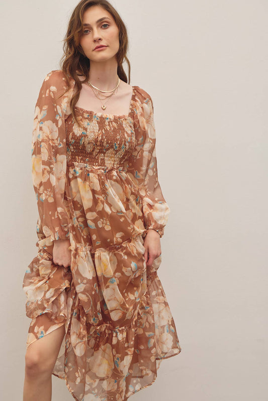 FLORAL SQUARE NECK SMOCKED MIDI DRESS WITH BALLOON SLEEVES