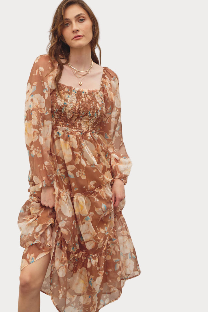 Floral Square Neck Dress w/ Balloon Sleeve