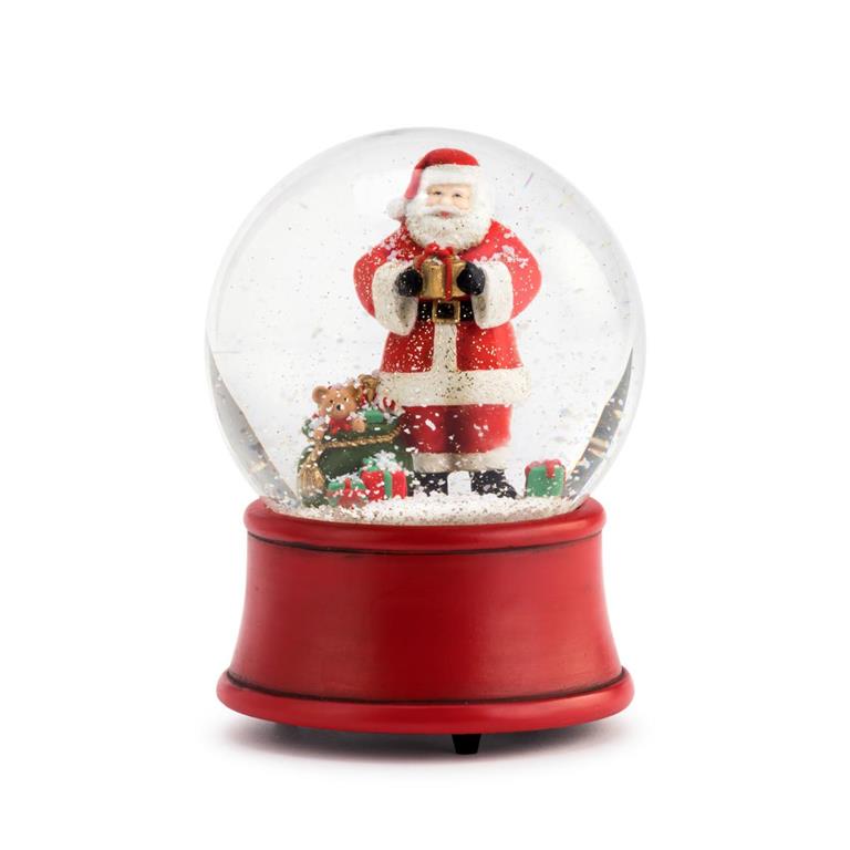 Santa snow globe with red base, toys, and presents inside