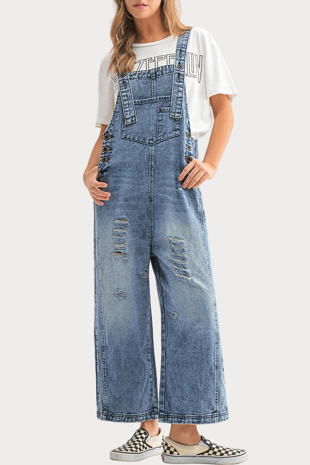 Distressed Wide-Leg Denim Overalls