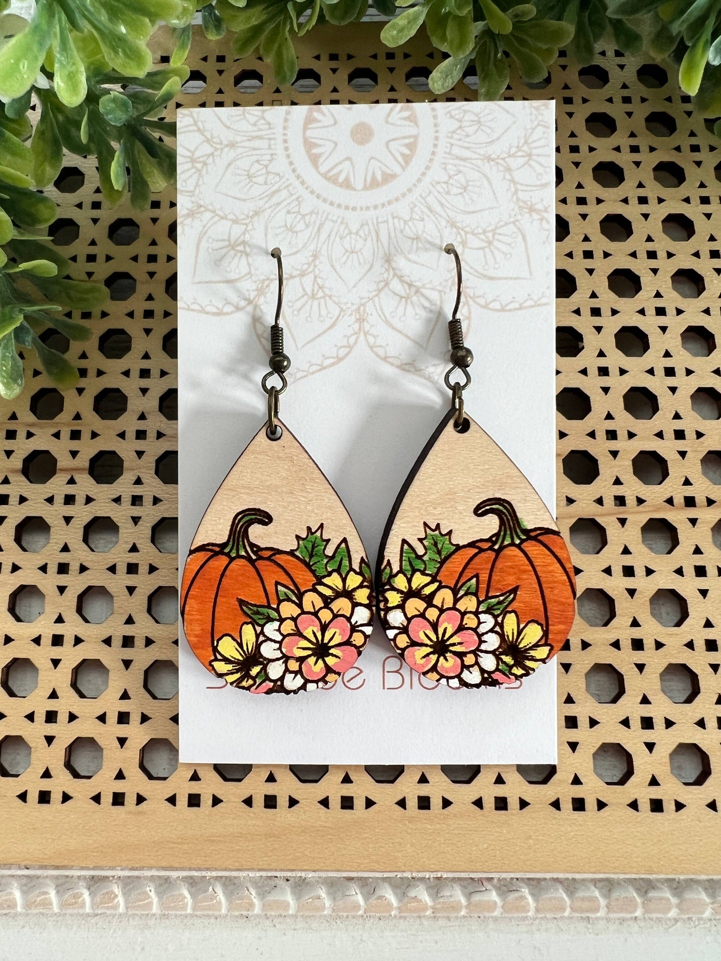 Wooden Earrings - Floral Pumpkin