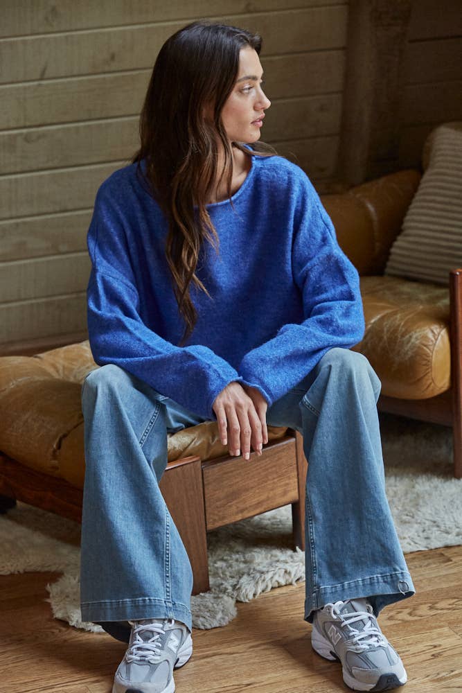 W2114 | Knit Sweater Rolled Round Neck Pullover Top