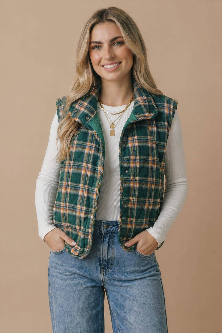 Snap Button Down Plaid Quilted Puffer Vest