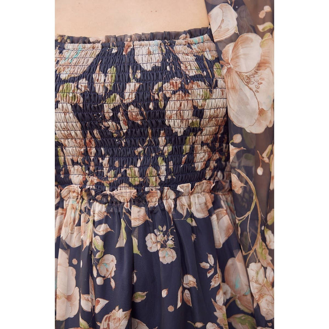Floral Square Neck Dress w/ Balloon Sleeve
