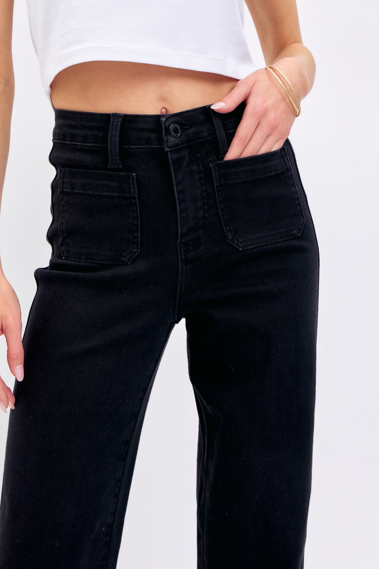 High Rise Patch Pocket Straight Leg Jeans