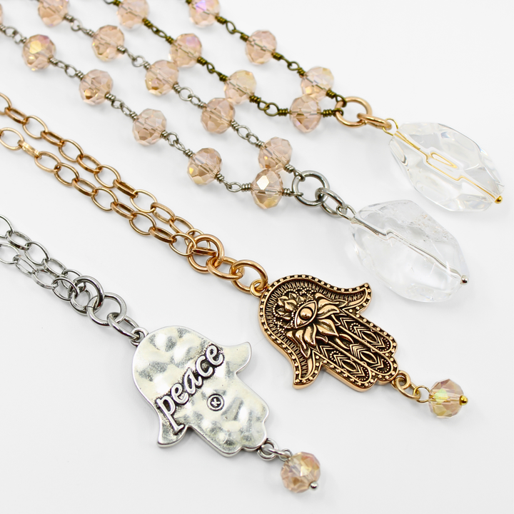 Peace Hamsa Crystal Rosary Necklace Layering Set