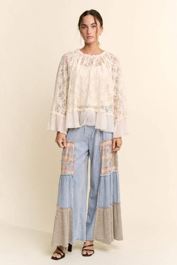 Sheer Lace Bell Sleeve Blouse