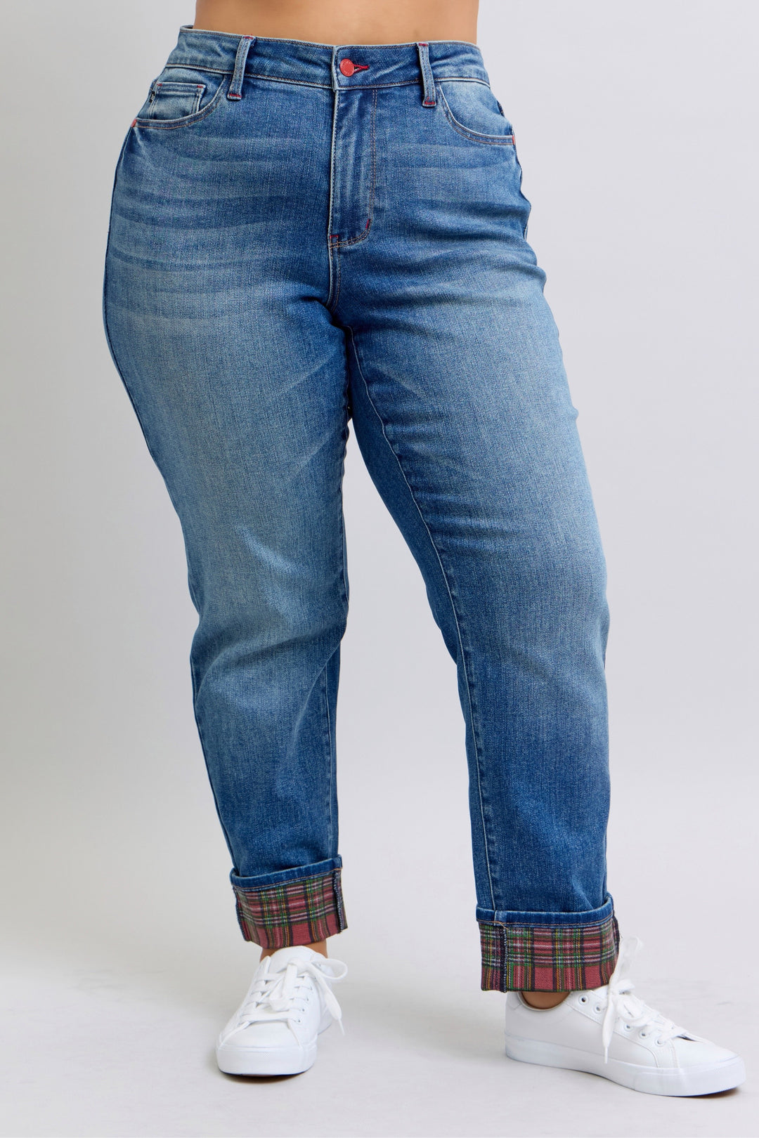 Mid Rise Plaid Print Cuff Boyfriend | Plus