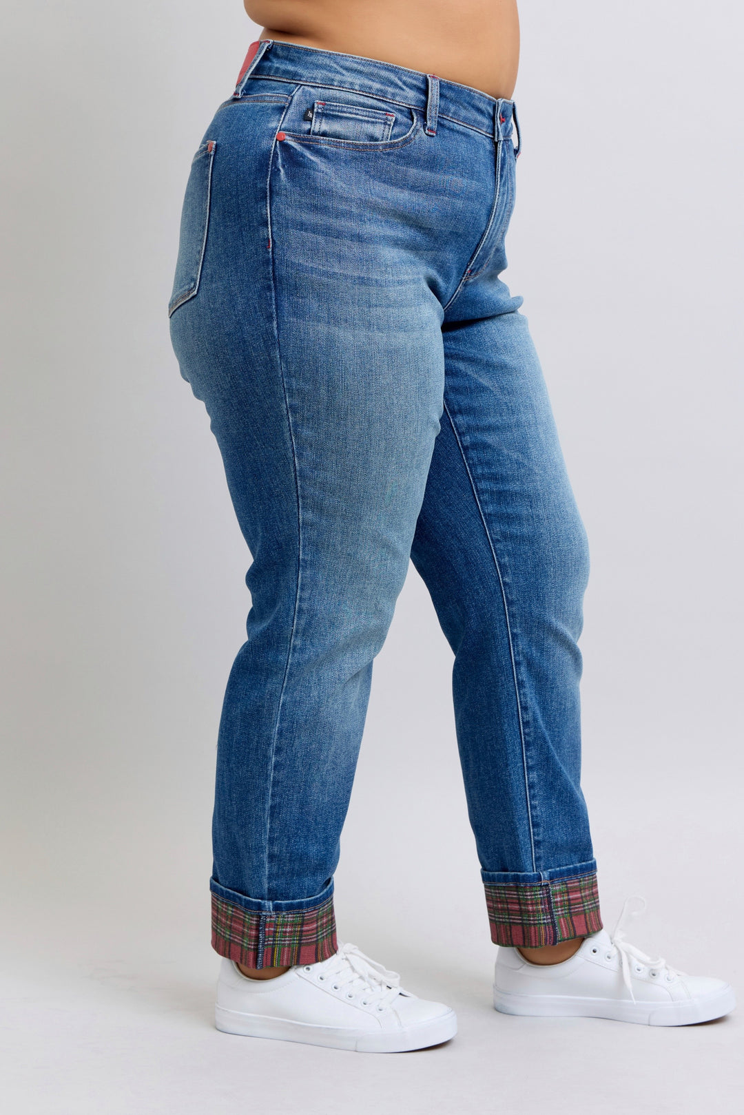 Mid Rise Plaid Print Cuff Boyfriend | Plus
