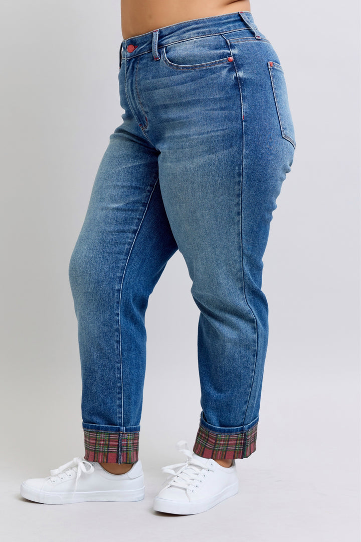 Mid Rise Plaid Print Cuff Boyfriend | Plus