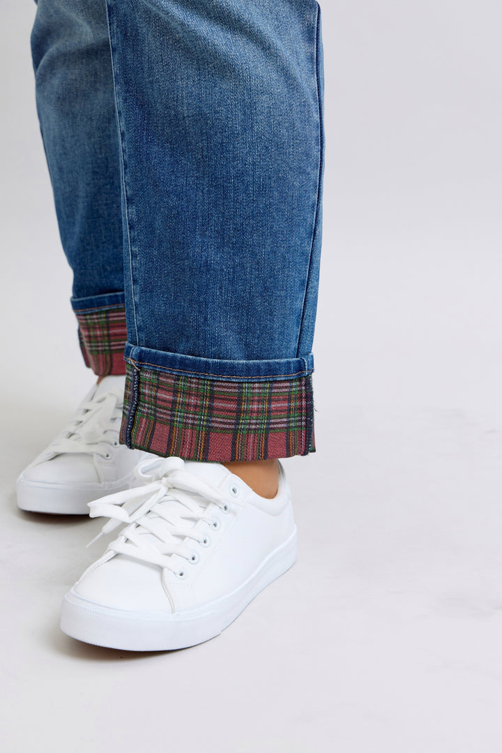 Mid Rise Plaid Print Cuff Boyfriend | Plus