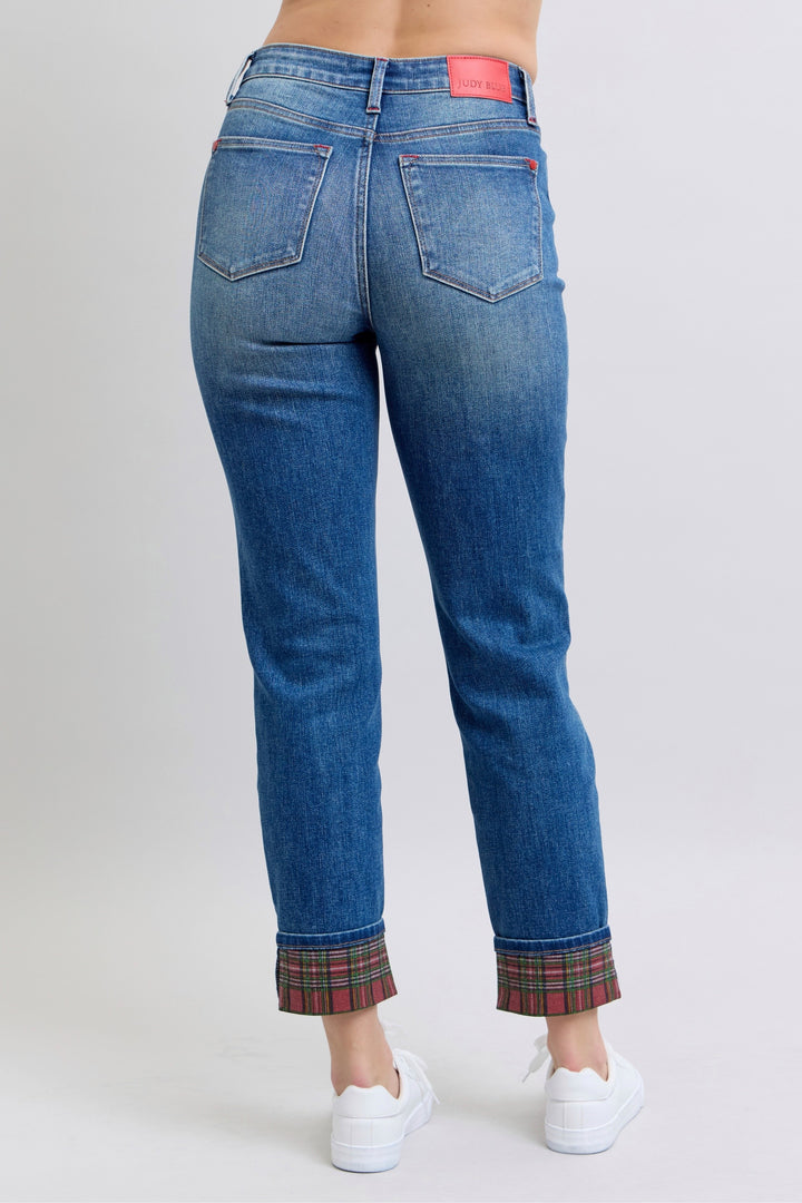Mid Rise Plaid Print Cuff BoyFriend