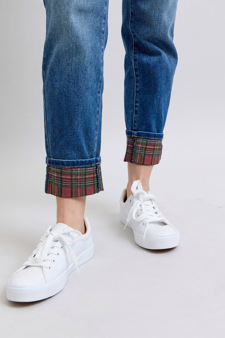 Mid Rise Plaid Print Cuff BoyFriend