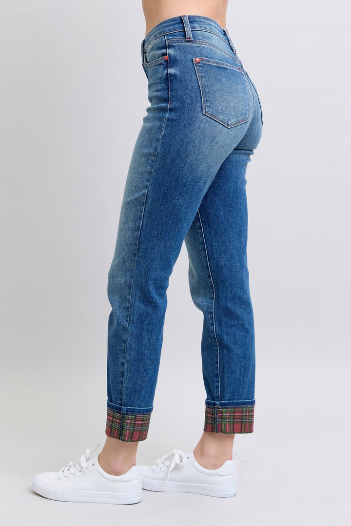 Mid Rise Plaid Print Cuff BoyFriend