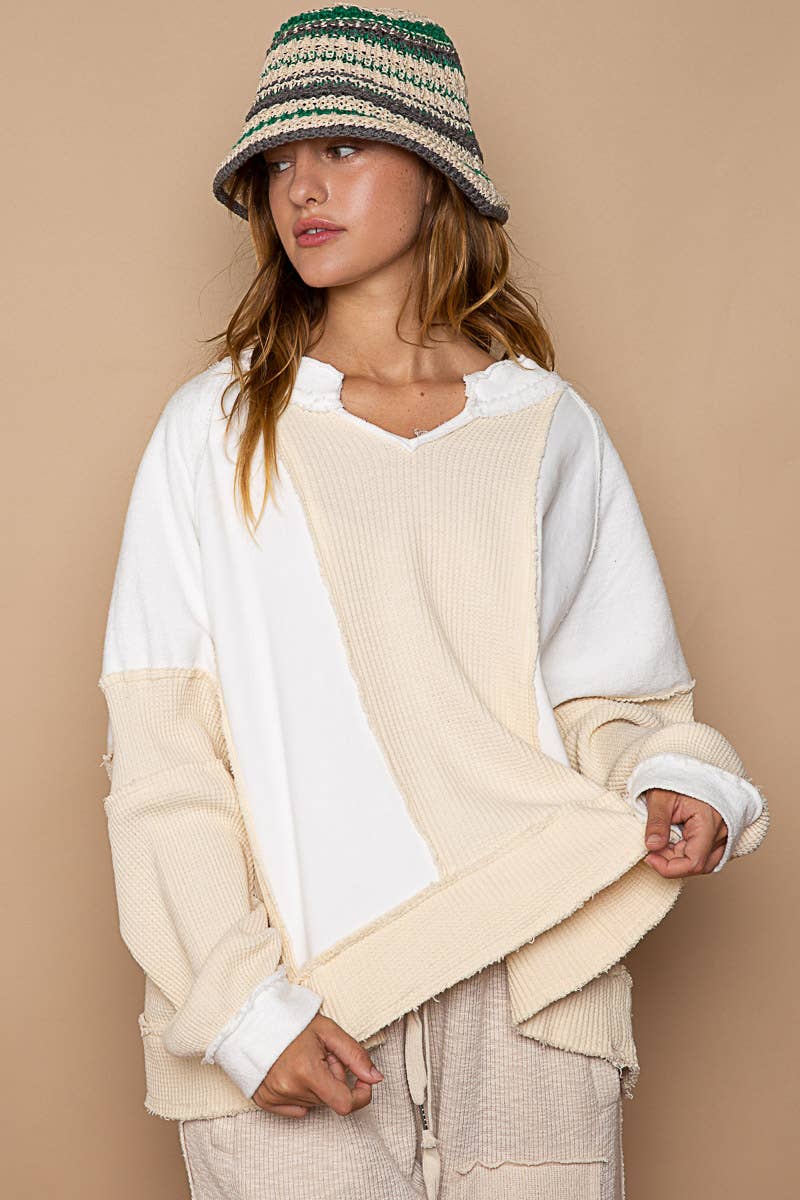 Notched neck contrast fabric basic long sleeve top